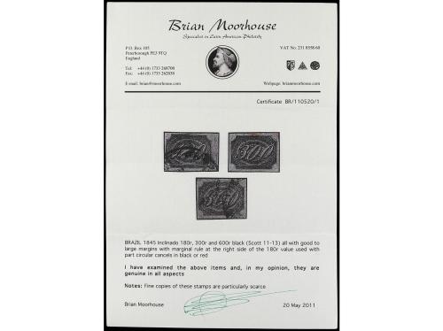 ° BRASIL. Yv. 8/10. 1844-46. 180 reis negro, 300 reis negro 