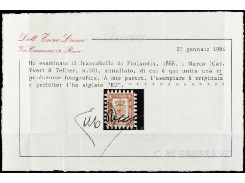 ° FINLANDIA. Yv. 10. 1866-67. 1 Mk. castaño amarillo, dentad