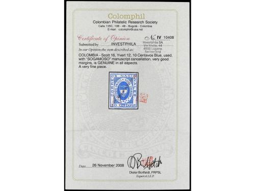 ° COLOMBIA. Yv. 12. 1861. 10 ctvos. azul. Mat. manuscrito SO
