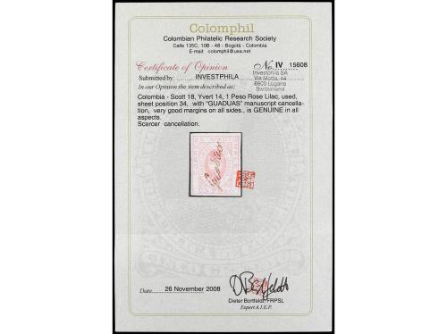 ° COLOMBIA. Yv. 14. 1861. 1 peso rosa. Mat. manuscrito GUADA