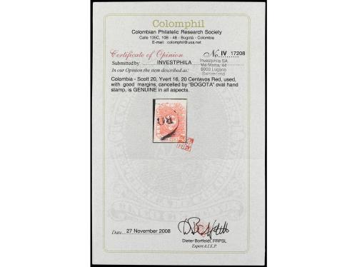 ° COLOMBIA. Yv. 16. 1862. 20 ctvos. rojo. Mat. ovalado BOGOT
