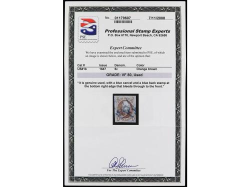 ° ESTADOS UNIDOS. Yv. 1. 1847. 5 ctvos. castaño. Mat. azul. 