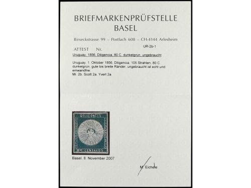 (*) URUGUAY. Yv. 2. 1856. 80 ctvos. verde. Grandes márgenes.