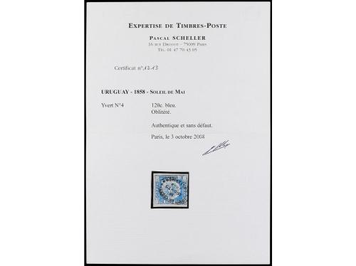 ° URUGUAY. Yv. 4. 1858. 120 ctvos. azul. PRECIOSO. Cert. SHE