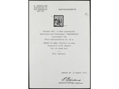 ° FINLANDIA. Yv. 27. 1885. 10 Mk. bistre y rosa. PRECIOSO. C