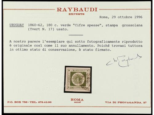° URUGUAY. Yv. 17. 1860. 180 ctvos. verde. PRECIOSO. Cert. R