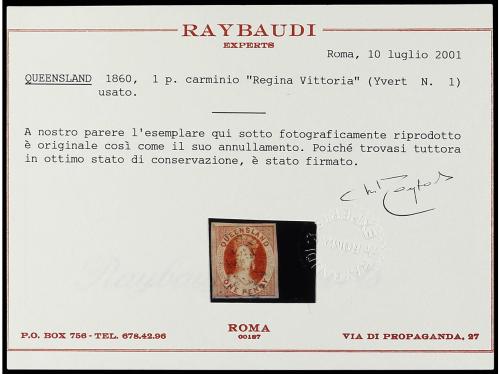 Ò AUSTRALIA. Yv. 1. 1860. QUEENSLAND. 1 p. carmín. Grandes m
