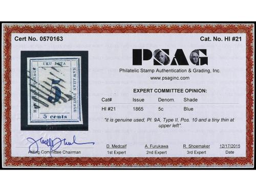 ° HAWAI. Yv. 19. 1865. 5 cents azul s. azulado. Mat. Rejilla