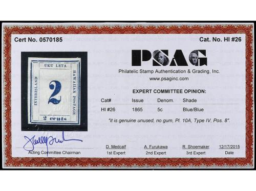 (*) HAWAI. Yv. 17. 1864-68. 2 cents azul. MUY BONITO. Cert. 