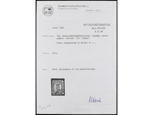 ° FINLANDIA. Yv. 7. 1866-70. 10 p. negro s. anteado. MUY BON