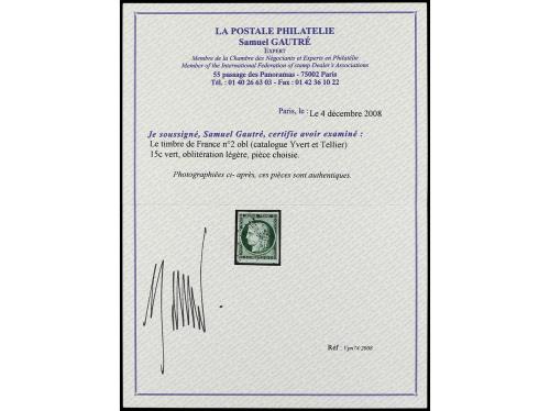 ° FRANCIA. Yv. 2. 1850. 15 cts. verde. PRECIOSO. Cert. LA PO