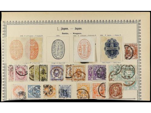 ° JAPON. 1871-85. Cuatro páginas de álbum con sellos usados 