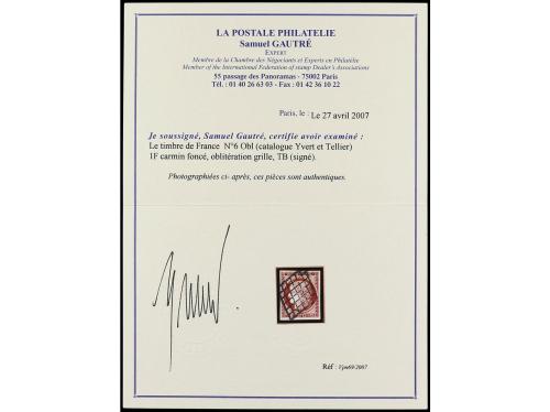 ° FRANCIA. Yv. 6. 1850. 1 Fr. carmín. PRECIOSO. Cert. LA POS