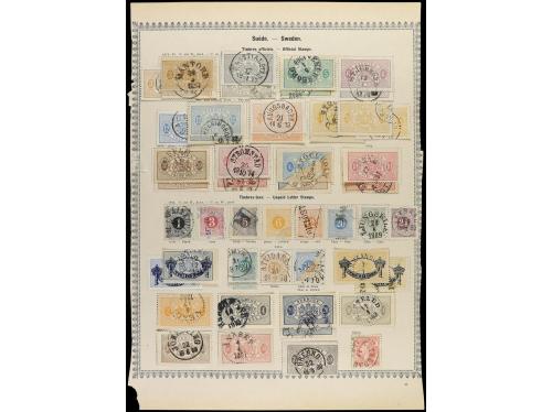 ° SUECIA. 1855-86. Tres páginas de álbum con sellos usados c