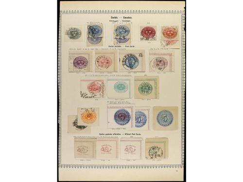 ° SUECIA. 1855-86. Tres páginas de álbum con sellos usados c