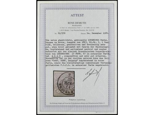 ° LUXEMBURGO. Yv. 3. 1859-63. 1 cto. castaño claro. Mat. fec