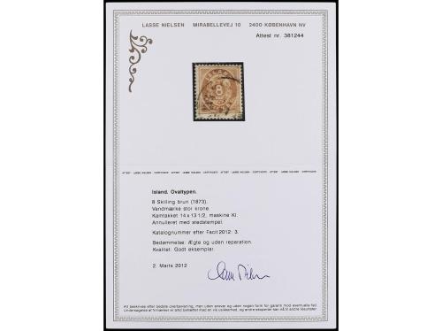 ° ISLANDIA. Yv. 4. 1873. 8 sk. castaño. MUY BONITO. Cert. L.