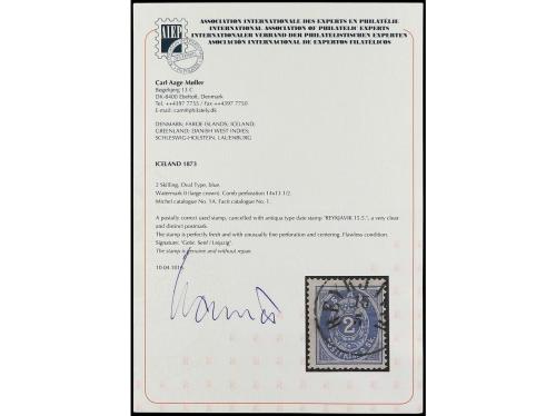 ° ISLANDIA. Yv. 1. 1873. 2 sk. azul. Mat. REYKJAVIK. Precios