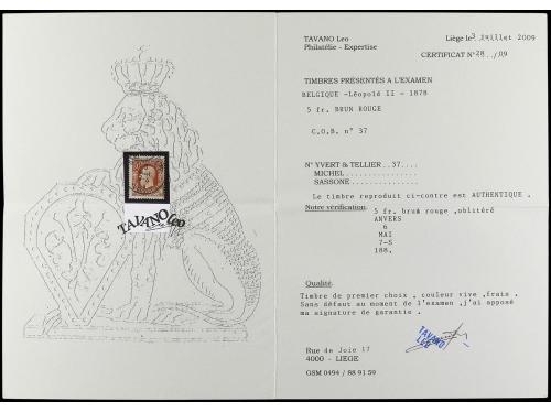 ° BELGICA. Yv. 37. 1869-78. 5 Fr. castaño rojo. BONITO EJEMP