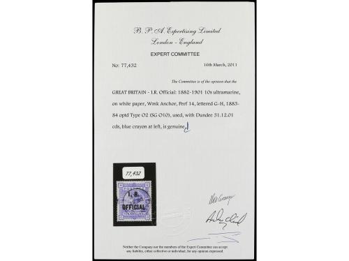 ° GRAN BRETAÑA. Yv. O 8. 1885. SERVICIO. 10 sh. azul, restos