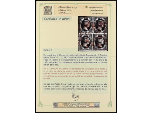 ° ESPAÑA. Ed. 6. 6 cuartos negro. Bloque de cuatro, mat. fec