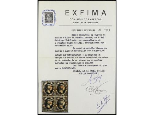 ° ESPAÑA. Ed. 6. 6 cuartos negro. Bloque de cuatro, mat. fec