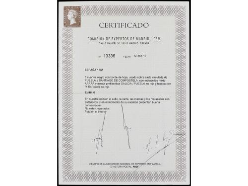 ✉ ESPAÑA. Ed. 6. 1851. PUEBLA a SANTIAGO. 6 cuartos negro, m