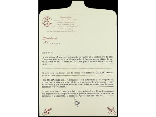 ✉ ESPAÑA. Ed. 6. 1851. PUEBLA a SANTIAGO. 6 cuartos negro. S