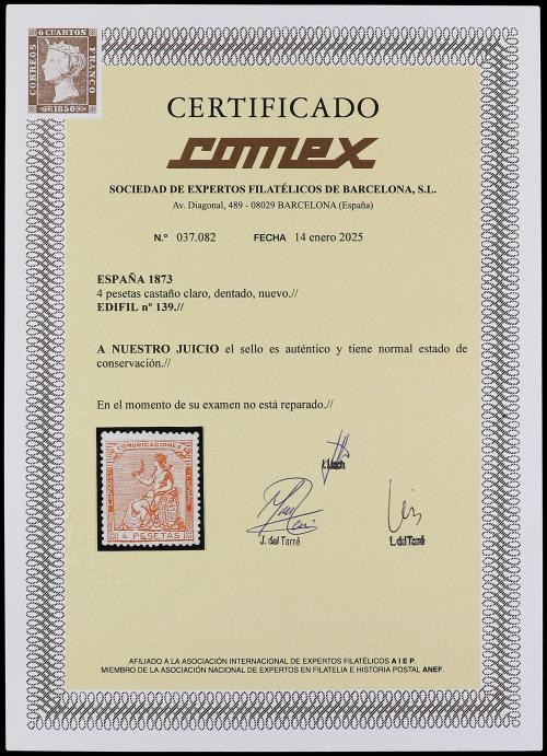 * ESPAÑA. Ed. 139. 4 pesetas castaño. Buen ejemplar. Cert. C