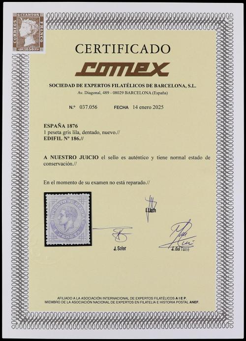 * ESPAÑA. Ed. 186. 1 peseta gris. Muy bien centrado. Cert. C