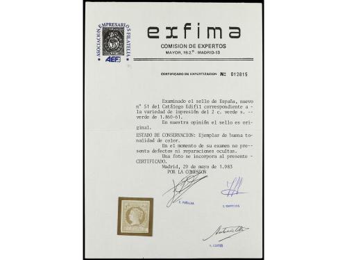 ** ESPAÑA. Ed. 51. 2 cuartos verde. Defecto de impresión en 