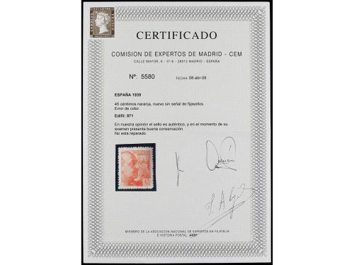 ** ESPAÑA. Ed. 871. 45 cts. naranja ERROR DE COLOR. MAGNÍFIC