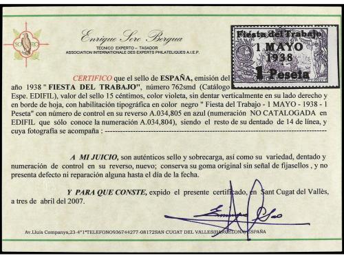 ** ESPAÑA. Ed. 762smd. 1 pta. s. 15 cts. violeta. SIN DENTAR