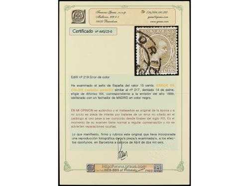 ° ESPAÑA. Ed. 219. 15 cts. castaño claro CAMBIO DE COLOR ton