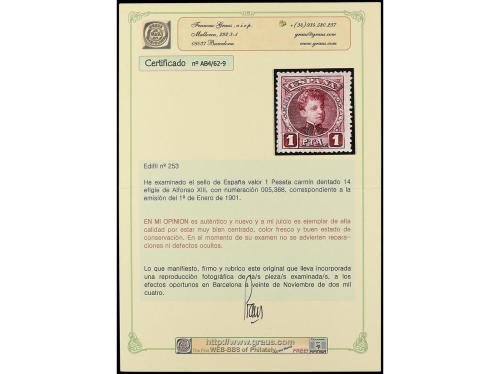 ** ESPAÑA. Ed. 253. 1 peseta carmín. Espectacular salto de p