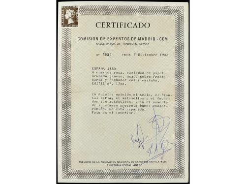 ✉ ESPAÑA. Ed. 17pa. 6 cuartos rojo sobre papel azulado en fr