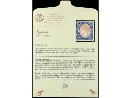 * ESPAÑA. Ed. 76ei. 12 cuartos azul y rosa MARCO INVERTIDO. 