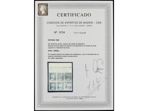 ** ESPAÑA. Ed. 1006ibs (4). 50 cts. verde. Bloque de 6 SIN D