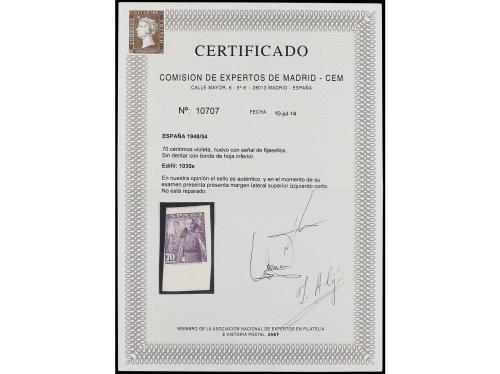 * ESPAÑA. Ed. 1030s. 70 cts. violeta. SIN DENTAR. No reseñad