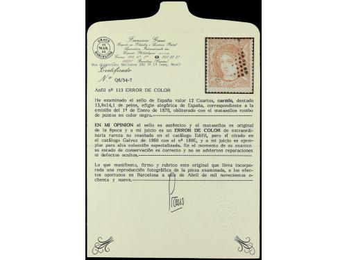 ° ESPAÑA. Ed. 113ec. 12 cuartos rosa ERROR DE COLOR con tona