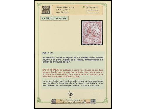 (*) ESPAÑA. Ed. 151. 4 pesetas carmín. Centrado perfecto. LU