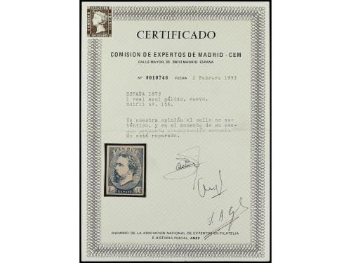 * ESPAÑA. Ed. 156. 1 real azul. PIEZA DE LUJO. Cert. CEM. Ca