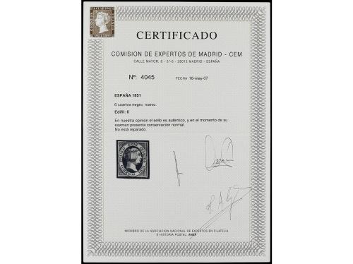 * ESPAÑA. Ed. 6. 6 cuartos negro. Buen ejemplar. Cert. CEM. 