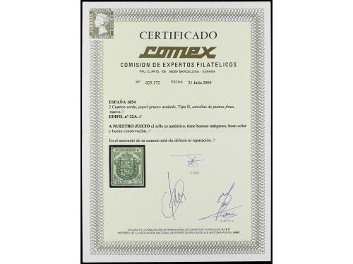 * ESPAÑA. Ed. 32A. 2 cuartos verde, papel grueso azulado y e