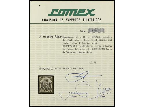 * ESPAÑA. Ed. 32A. 2 cuartos verde, papel grueso azulado y e