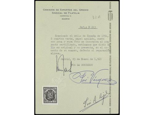 * ESPAÑA. Ed. 32A. 2 cuartos verde, papel grueso azulado y e