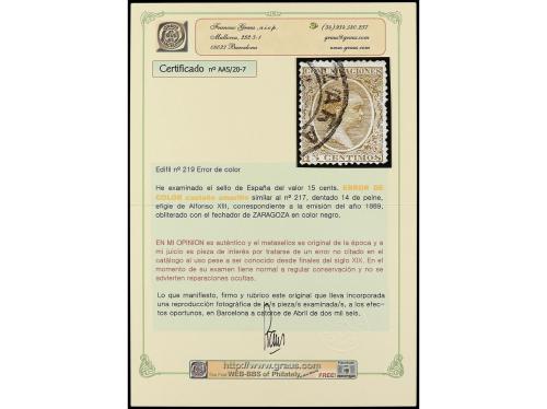 ° ESPAÑA. Ed. 219. 15 cts. castaño claro CAMBIO DE COLOR ton