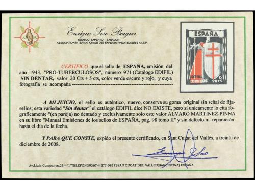 ** ESPAÑA. Ed. 971s. 20 + 5 cts. verde y rojo SIN DENTAR. No