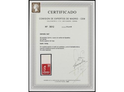 ** ESPAÑA. Ed. 1016s. 50 pts. carmín. SIN DENTAR. Borde supe