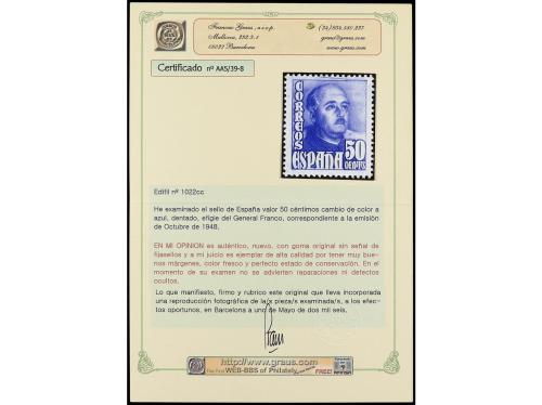 ** ESPAÑA. Ed. 1022cc. 50 cts. azul. COLOR CAMBIADO. RARO y 